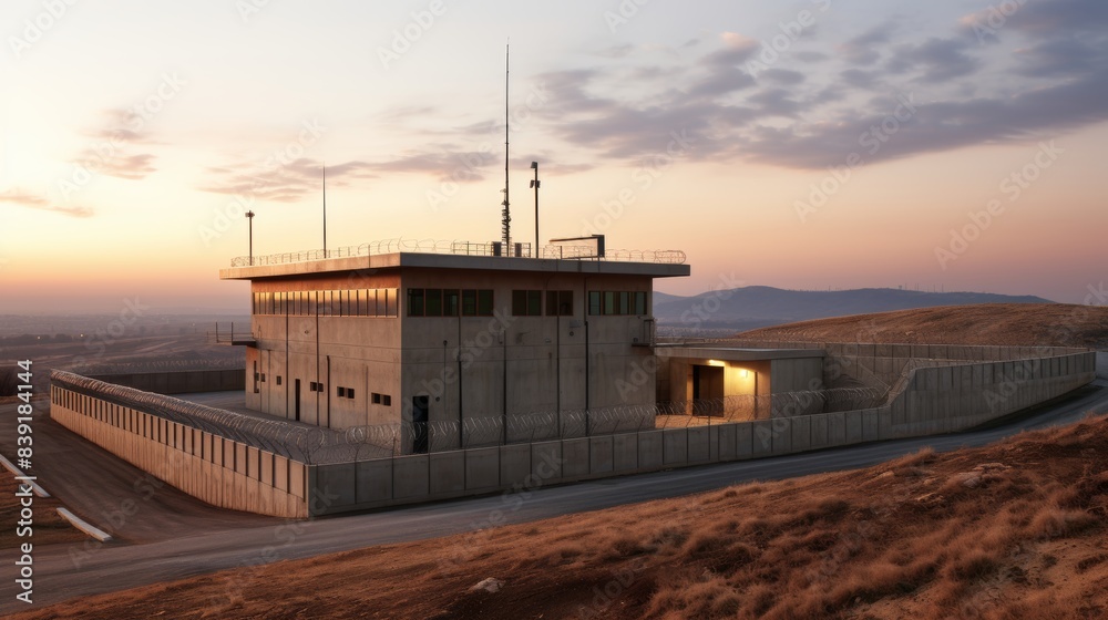Top-secret military facility surrounded by barbed wire fence and high-tech alarm systems Top-secret military facility surrounded by barbed wire fence and high-tech alarm systems