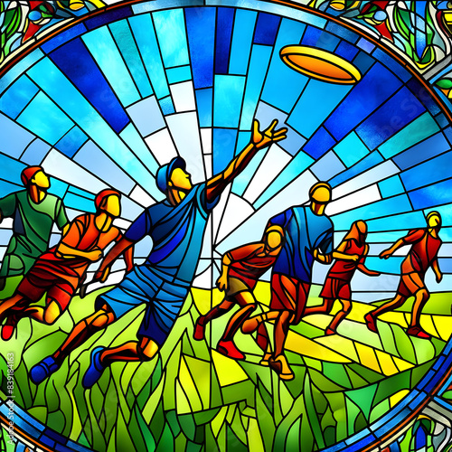 Stained glass picture of Ultimate Frisbee