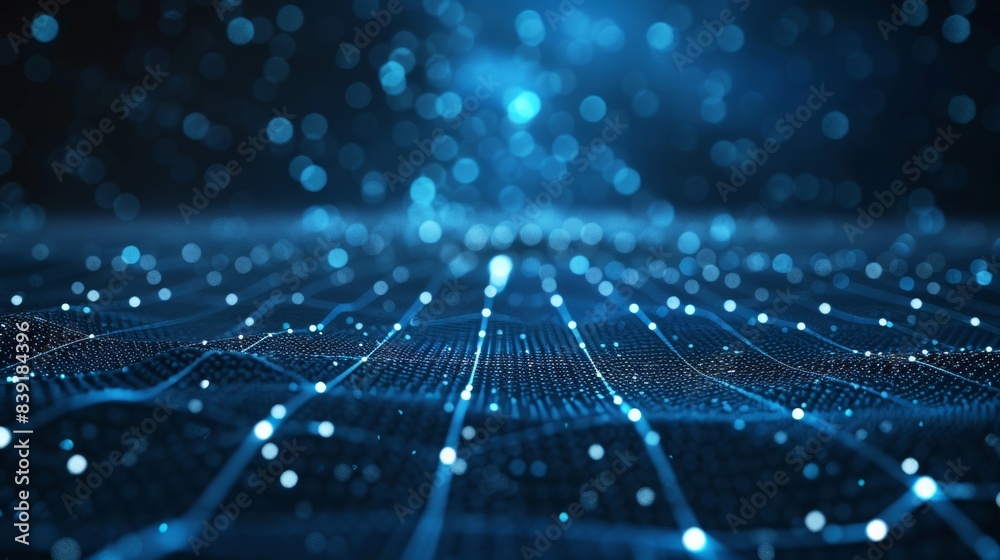 Obraz premium Digital technology background with blue light and grid lines glowing in the dark space