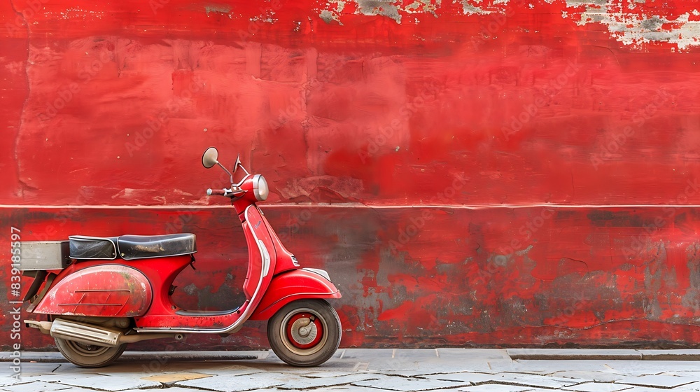 Fototapeta premium Vintage Red Scooter Parked Against Vibrant Wall on Grey Cobblestone Street
