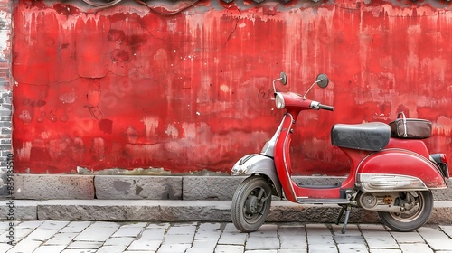 Vintage Red Scooter Parked Against Vibrant Wall on Grey Cobblestone Street