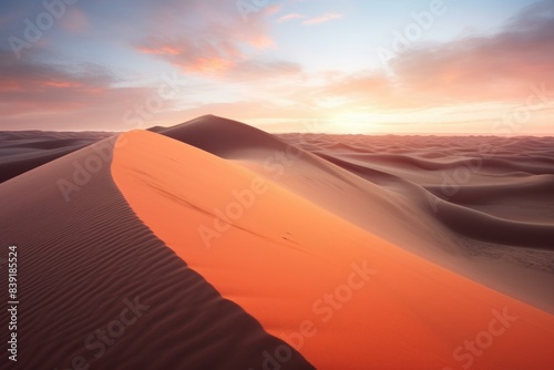 Tranquil and serene sunset over the vast arid desert landscape with soft warm hues and golden hour glow