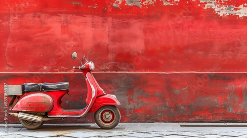 Vintage Red Scooter Parked Against Vibrant Wall on Grey Cobblestone Street