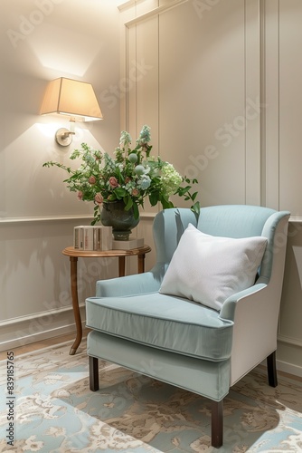 cozy living space with a light blue armchair  a side table with flowers  and soft lighting