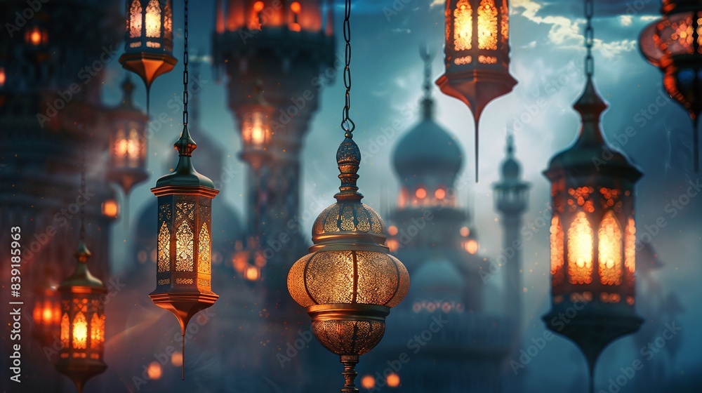 Islamic background with lanterns, created with Generative AI technology Islamic background with lanterns, created with Generative AI technology