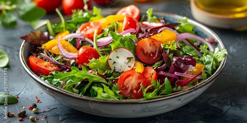 Vegetarian salad on a deep dish presented on a café table. Concept Vegetarian, Salad, Deep Dish, Café Table, Presentation