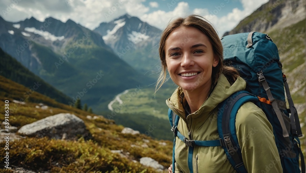 Hiker, mountain and portrait in environment for landscape, nature or adventure for extreme sport, travel and explore. Woman, smile and trail for recreation, hiking and journey with backpack on mockup Hiker, mountain and portrait in environment for landscape, nature or adventure for extreme sport, travel and explore. Woman, smile and trail for recreation, hiking and journey with backpack on mockup