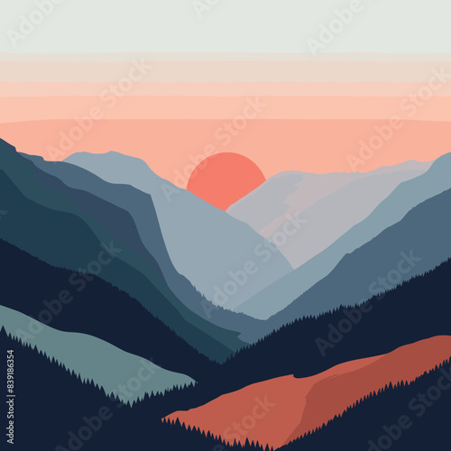 Sunrise over mountainous landscape, peaks valleys under warm sky. Layered mountains silhouette, dawn color palette, tranquil nature scene. Contemporary graphic design wilderness sunrise, serene