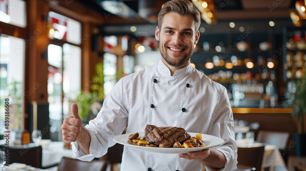 Smiling chef presenting a steak and mushrooms gourmet dish, food on a plate presentation inside a modern cozy restaurant hd Smiling chef presenting a steak and mushrooms gourmet dish, food on a plate presentation inside a modern cozy restaurant hd