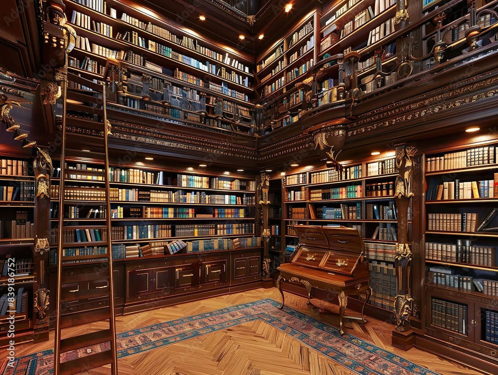 Fototapeta premium Classic dark wood shelves laden with countless books