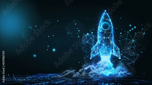 Fototapeta Naklejka Na Ścianę i Meble -  A launching rocket against the backdrop of a city with skyscrapers. Blurred background.