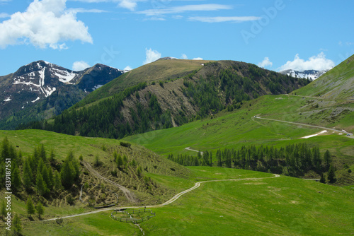 The Croce Domini mountain pass (Italian: Passo Crocedomini) seen from Malga Cadino, Lombardy, Italy