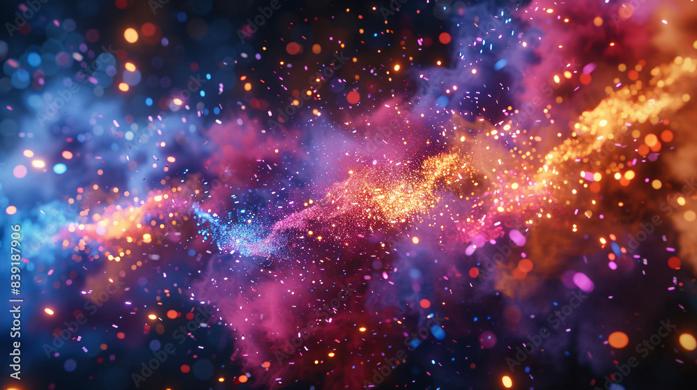 3D render of a vibrant firework burst with confetti and serpentine in a night sky 3D render of a vibrant firework burst with confetti and serpentine in a night sky