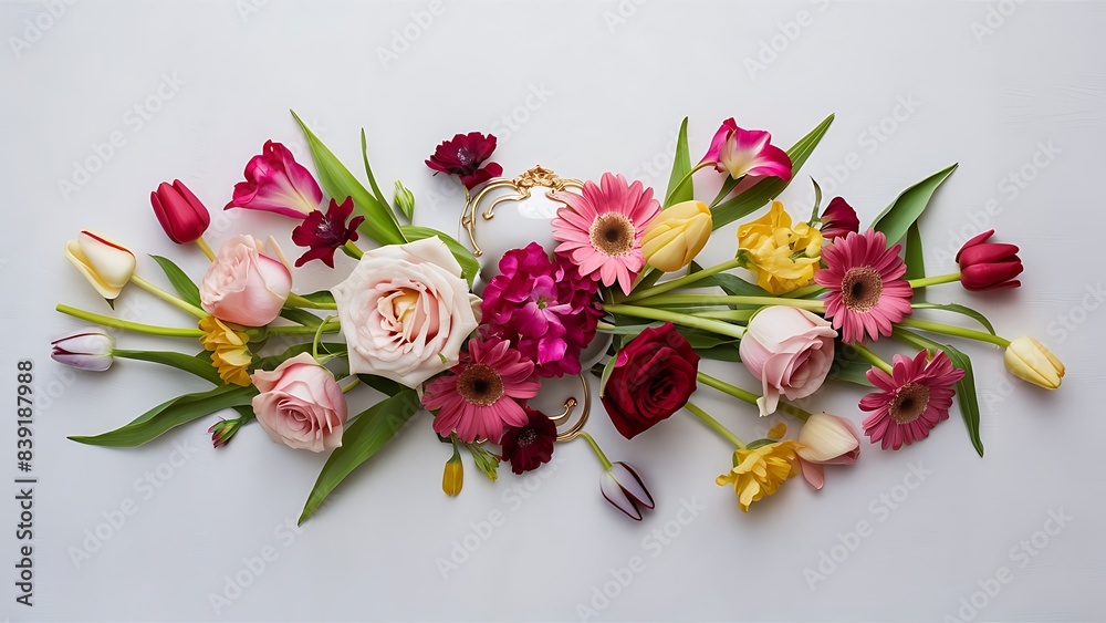 Multicolored flowers are lying composition from fresh flowers on a white background