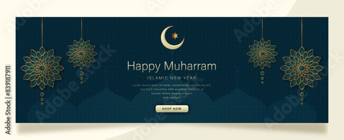 Happy muharram the islamic new year banner design with gold pattern on color background