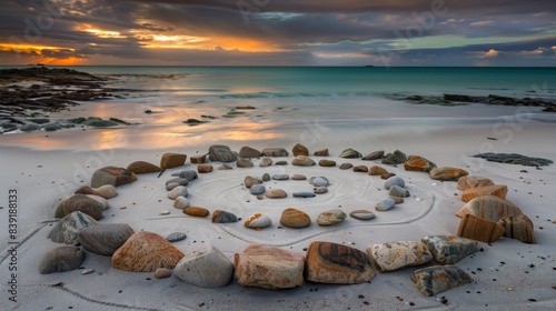 Serene Beach Sunset with Handmade Rock Circle Art
