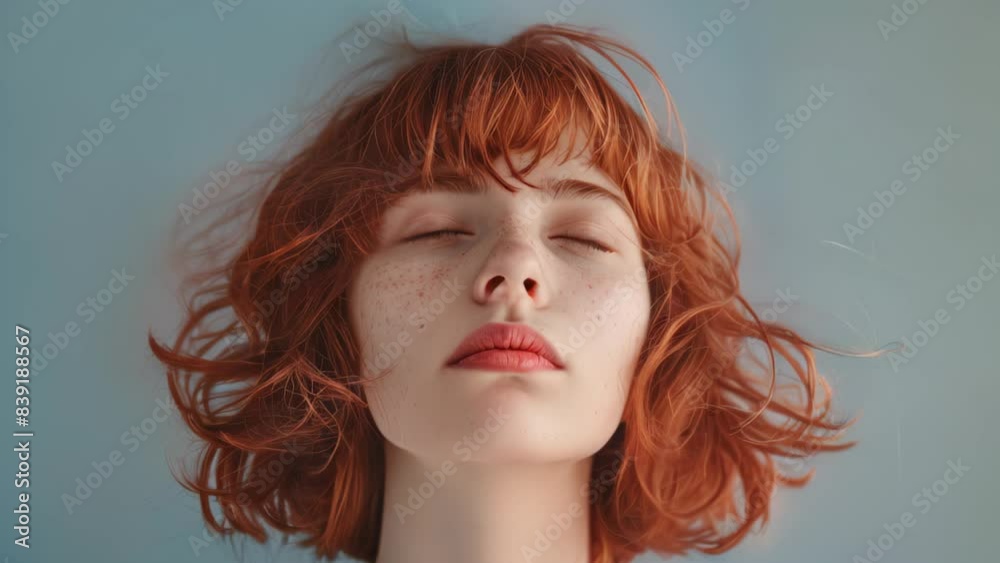 Cute girl with red bob hair, bangs and closed eyes smiling on blue background.