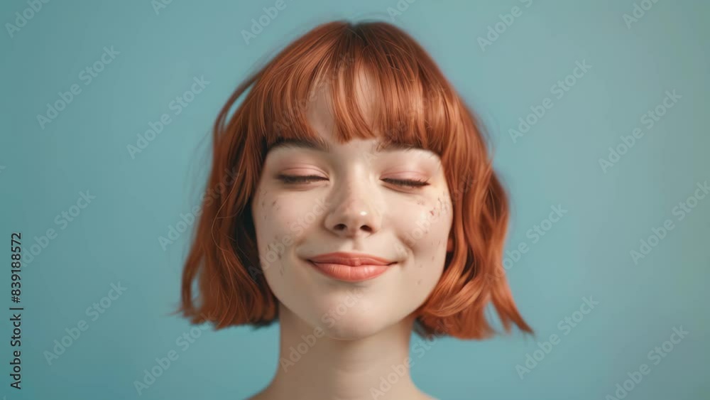 Cute girl with red bob hair, bangs and closed eyes smiling on blue background. Cute girl with red bob hair, bangs and closed eyes smiling on blue background.