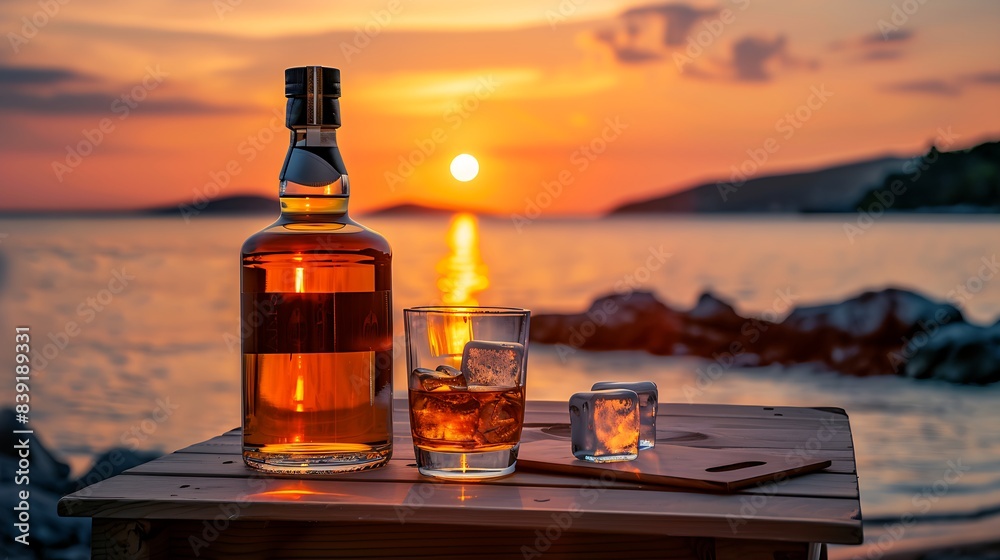 Tranquil Sunset View with Whisky Bottle and Glass on Wooden Table Over Sea Tranquil Sunset View with Whisky Bottle and Glass on Wooden Table Over Sea