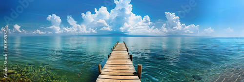 Beautiful tropical landscape background, concept for summer travel and vacation. Wooden pier an ocean against blue sky with white clouds, panoramic view photo