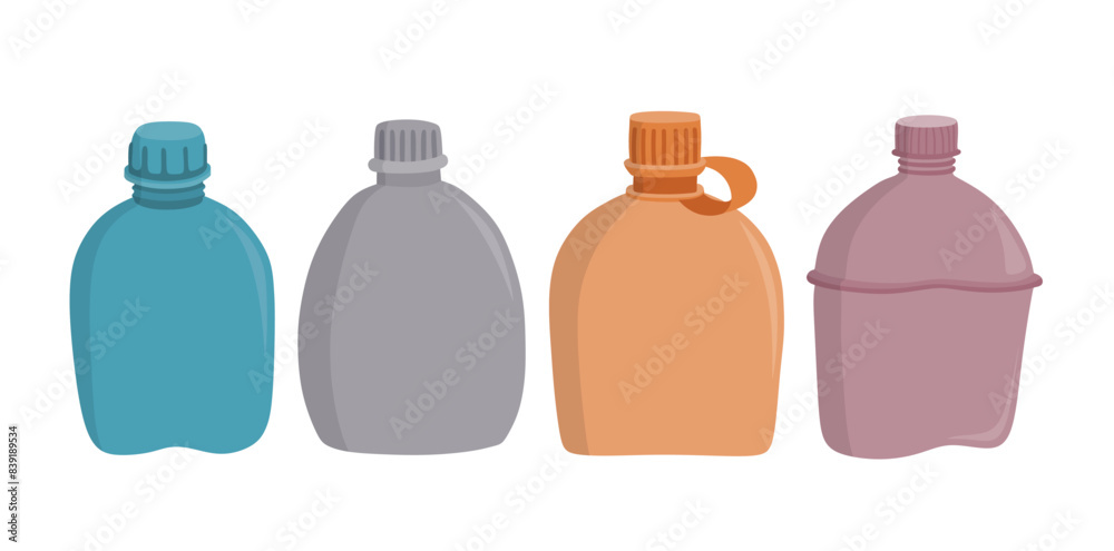 Military flask vector set cute cartoon style. Military flask vector set cute cartoon style.