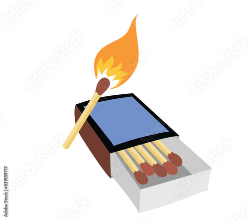 Matchbox and lights a match vector set cute cartoon style.