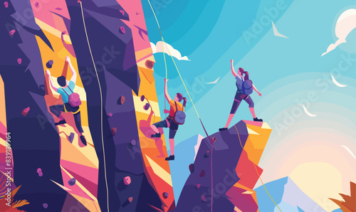 Three climbers ascend colorful mountain, one reaching summit, adventure climbing sport. Group energetic mountaineers rock climbing, vibrant nature outdoor activity backdrop, success peak. Rock wall