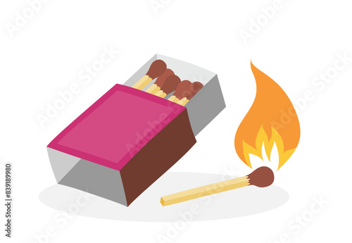 Matchbox and lights a match vector set cute cartoon style.