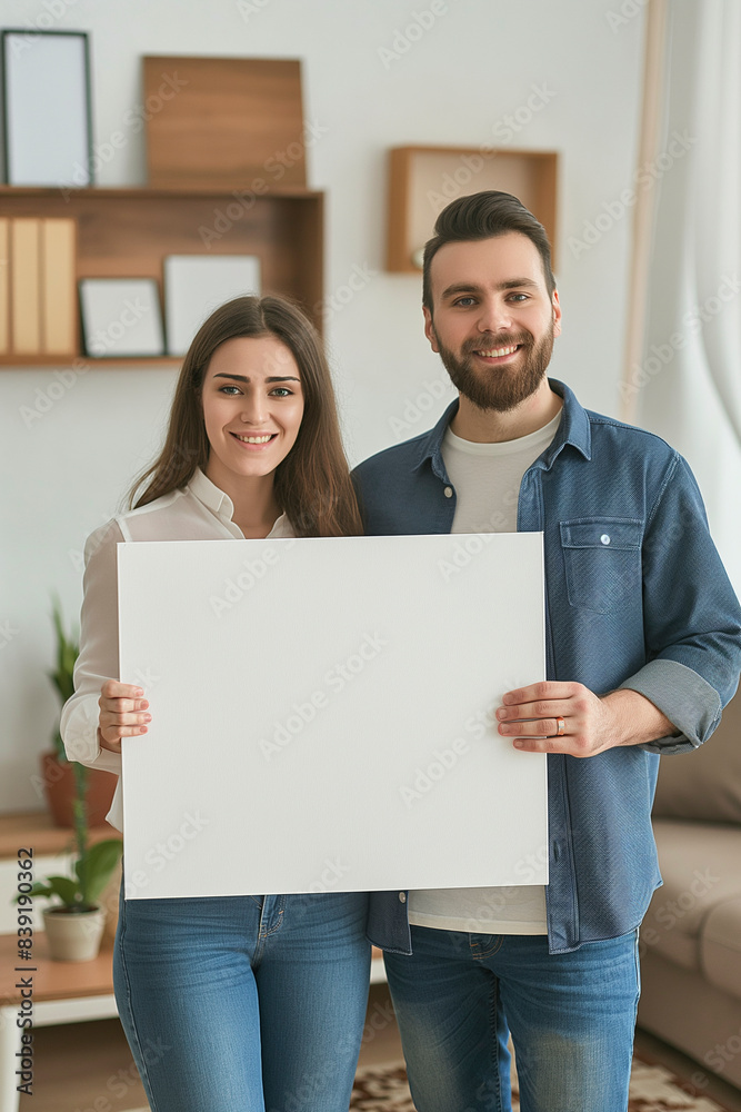 Proud attractive couple. Holding large empty white canvas in modern livingroom. Blurred background Proud attractive couple. Holding large empty white canvas in modern livingroom. Blurred background