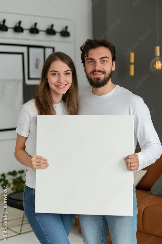Proud attractive couple. Holding large empty white canvas in modern livingroom. Blurred background Proud attractive couple. Holding large empty white canvas in modern livingroom. Blurred background