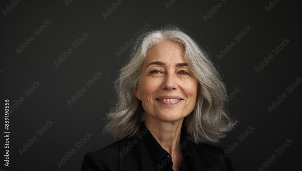 Elegant middle-aged woman with shoulder-length silver hair, smiling and standing confidently in front of the camera against a black background. senior woman Elegant middle-aged woman with shoulder-length silver hair, smiling and standing confidently in front of the camera against a black background. senior woman