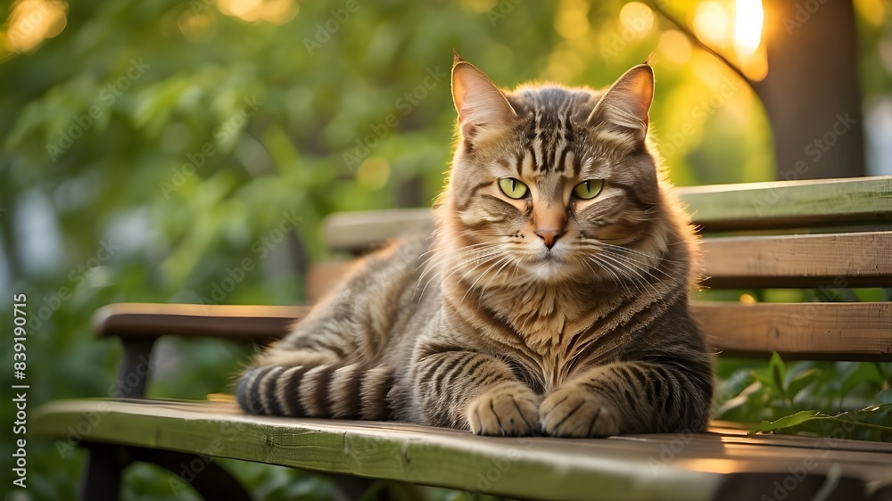 Delight in the peaceful ambiance of summer with this enchanting image of a green-eyed tabby cat, sitting elegantly on a bench beneath the trees at sunset, enveloped in the warm hues of twilight. Delight in the peaceful ambiance of summer with this enchanting image of a green-eyed tabby cat, sitting elegantly on a bench beneath the trees at sunset, enveloped in the warm hues of twilight.
