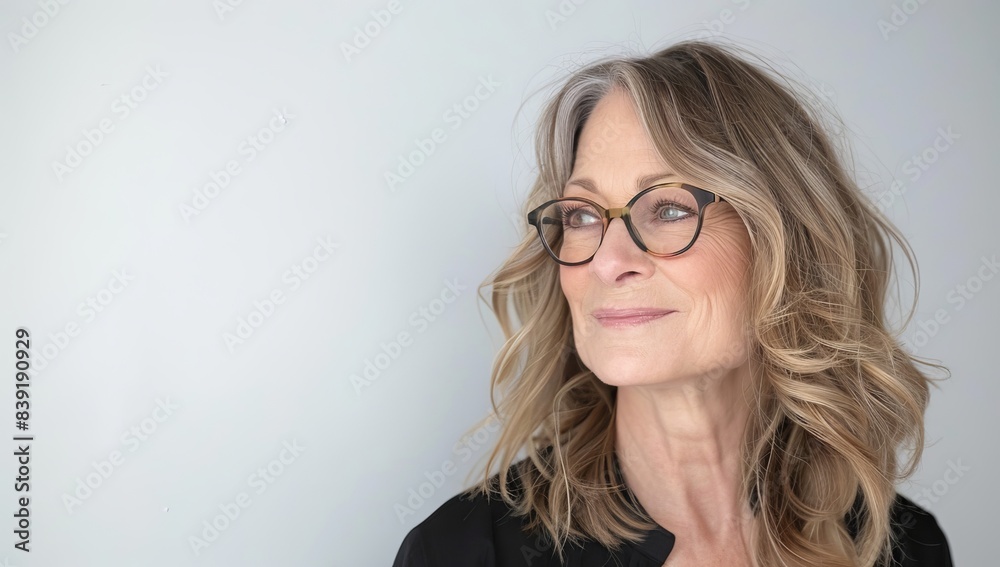 Attractive, confident middle aged woman with glasses looking to the side and smiling softly against a clean white background. Attractive, confident middle aged woman with glasses looking to the side and smiling softly against a clean white background.