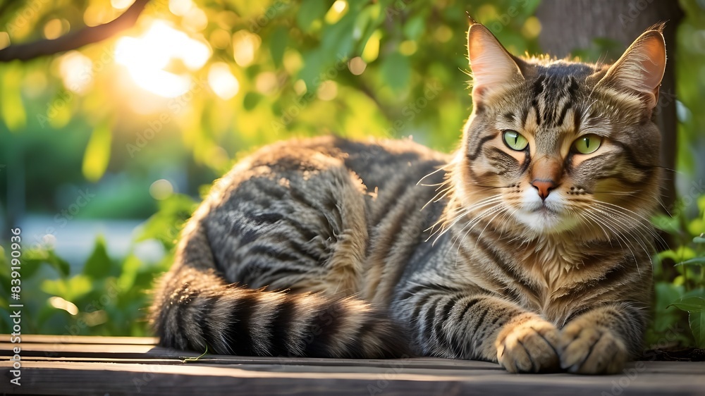Fototapeta premium Experience the tranquility of a summer sunset with this charming scene of a beautiful tabby cat with mesmerizing green eyes, perched on a bench under the trees, basking in the soft evening glow.