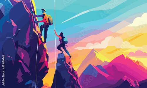 Two climbers ascending steep mountain cliff, colorful sunset sky backdrop. Male climber leading, reaching handhold rocky terrain female partner climbing behind, attached rope. Dynamic vibrant