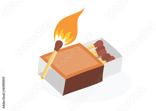 Matchbox and lights a match vector set cute cartoon style.
