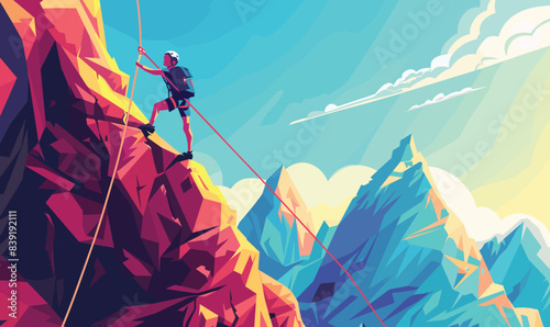 climber ascending steep mountain cliff using rope, wearing helmet backpack, blue sky. Rock climbing adventurer against colorful mountain range, extreme sport concept art. Male figure enjoys solo