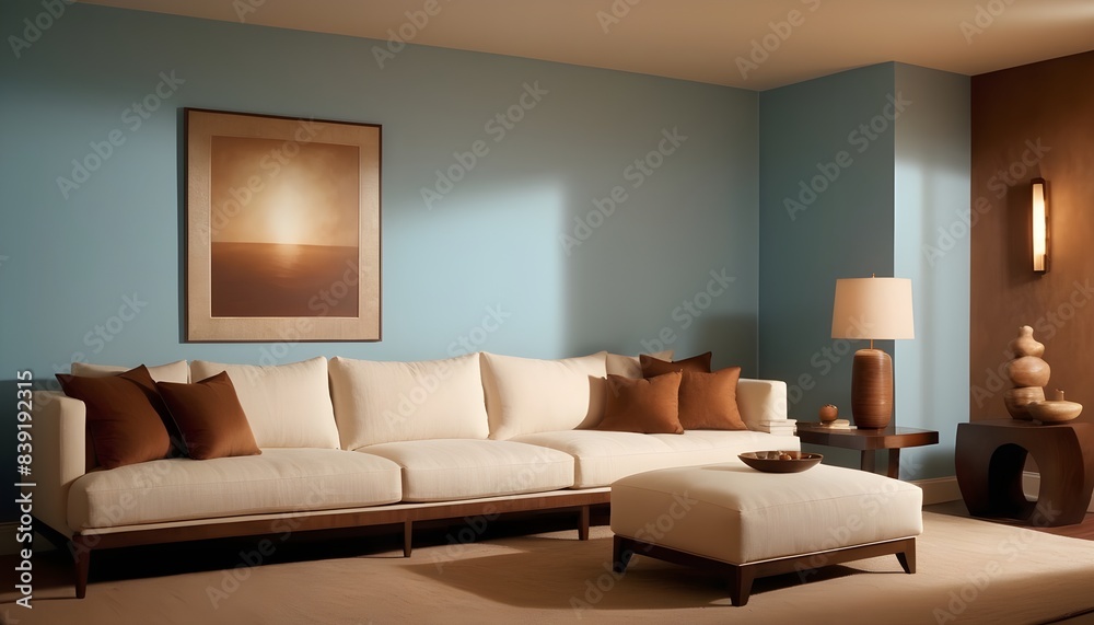 Modern interior design with sofa on empty blue wall background. Modern interior design with sofa on empty blue wall background.
