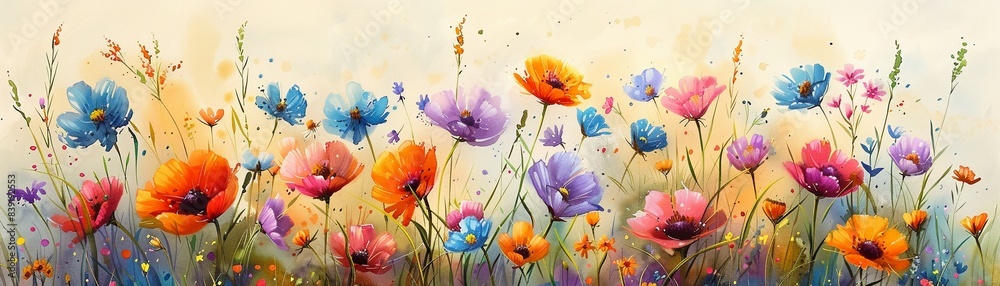 Wildflower Meadow Vibrant pastels, mix of beautiful wildflowers, Watercolor, Bohemian, Lively Wildflower Meadow Vibrant pastels, mix of beautiful wildflowers, Watercolor, Bohemian, Lively
