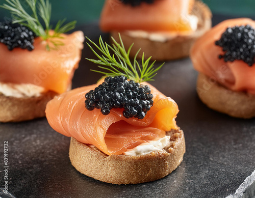 Canapes with black sturgeon caviar, smoked salmon and dill. macro. horizontal photo