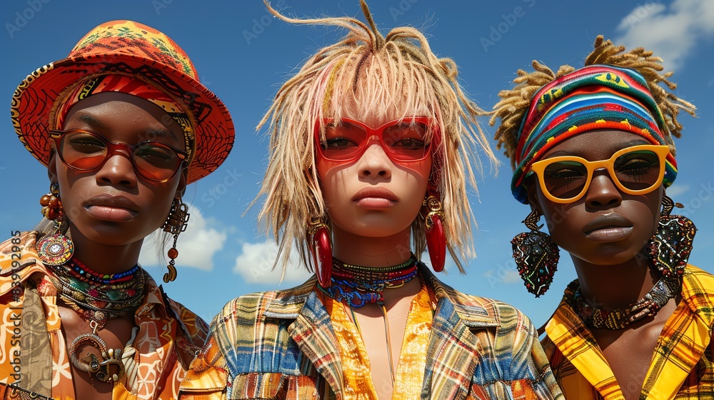 Three diverse models wearing colorful clothing and sunglasses against a blue sky.
