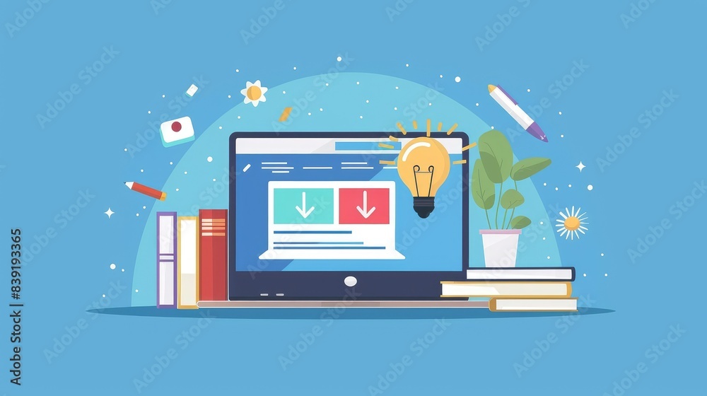 Fototapeta premium A laptop open with icons for multimedia, office applications, and utilities displayed on the screen, isolated on a white background, realistic style.