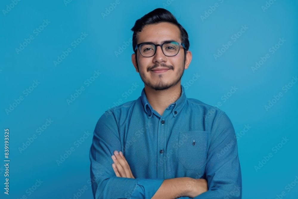 Confident young Hispanic man in blue shirt and glasses. Confident young Hispanic man in blue shirt and glasses.