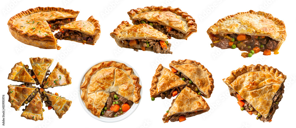 Fototapeta premium Set of classic tradition meat beef pot pie tart tartlet pastry dessert, on transparent cutout, PNG file. Many assorted different angles, stack, broken, slice, pile. Mockup template for artwork