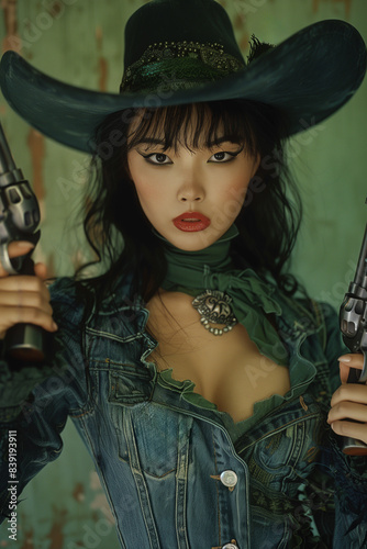 Cowgirl with revolver in Mexican style.