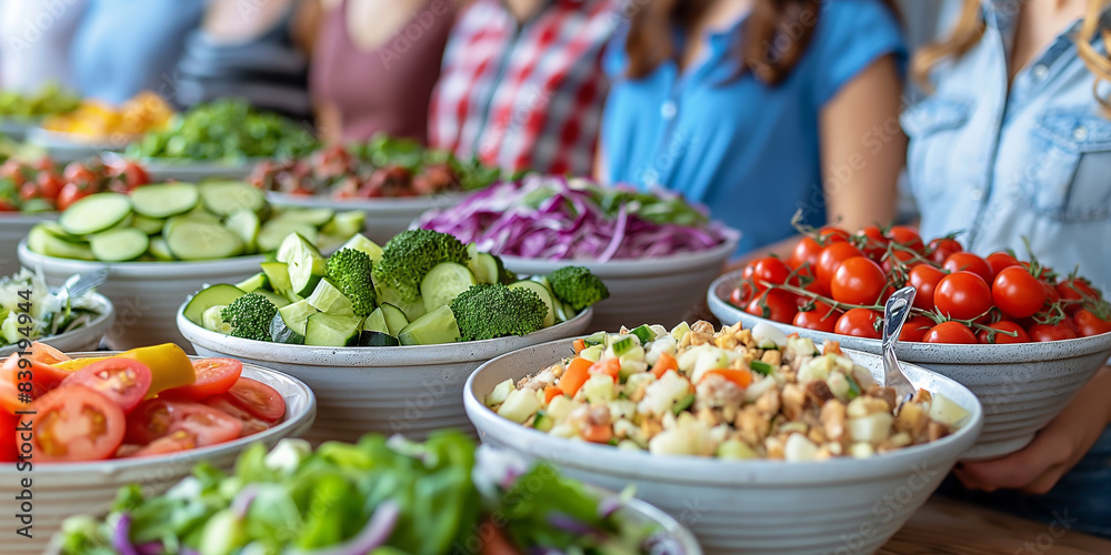 Group of Friends Enjoying a Colorful and Healthy Salad Buffet Featuring Fresh Vegetables and Nutrient-Rich Ingredients