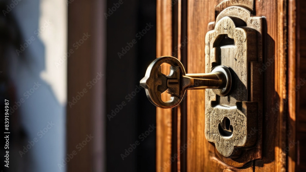 close-up of an antique key inserted into the keyhole of a wooden door. they are decorated with intricate patterns, indicating an antique or historical context. close-up of an antique key inserted into the keyhole of a wooden door. they are decorated with intricate patterns, indicating an antique or historical context.