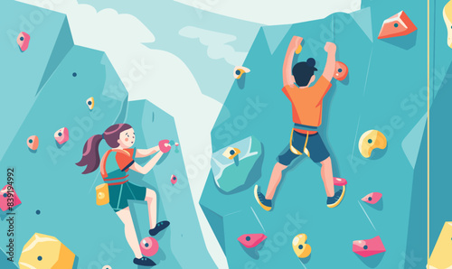 Young man woman climbing rocks, climbers using hand grips, active sport challenge. Male climber reaching holds, female climber looking footholds, indoor rock climbing wall. Excitement