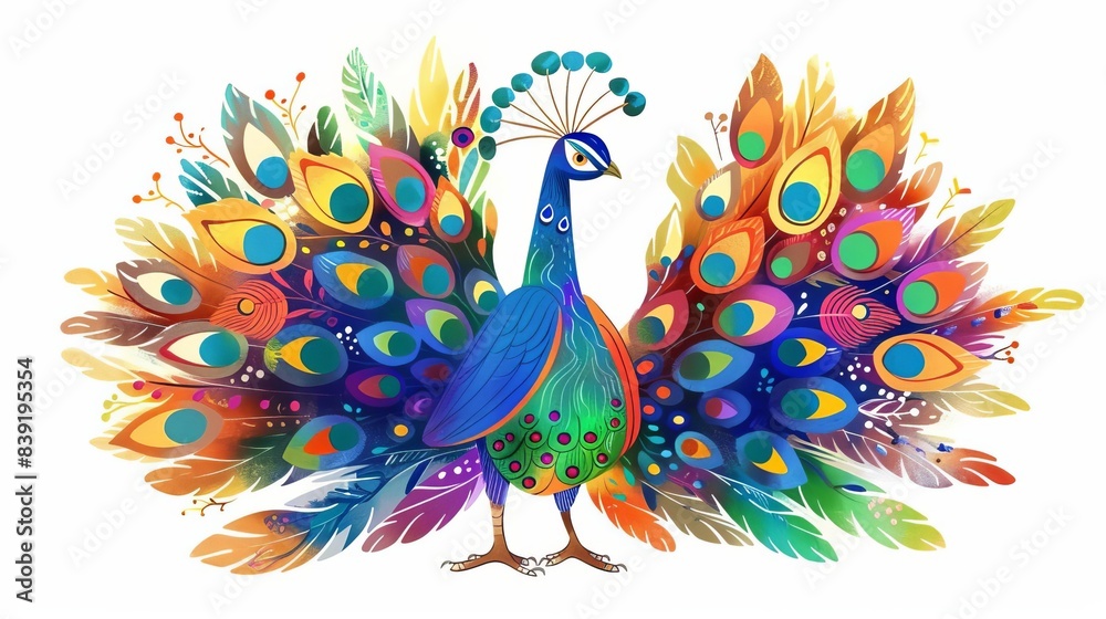 Obraz premium cute peacock in colorful rio carnival costume adorable wildlife street party illustration