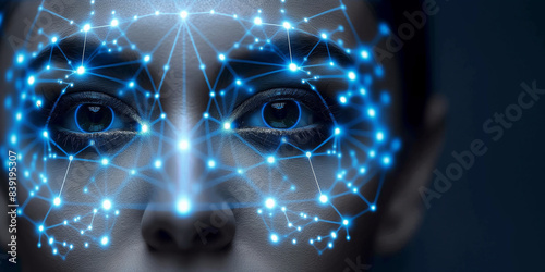 Closeup view of woman face with Line of Code Projected on Her Face and Reflecting, Software Developer Working on Innovative,